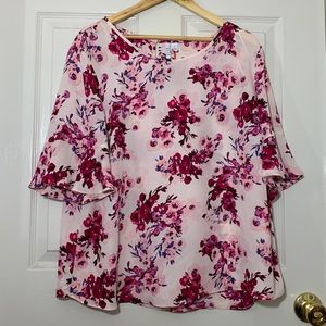 ELLE Womens Top Pink Floral Ruffle Short Sleeve XL